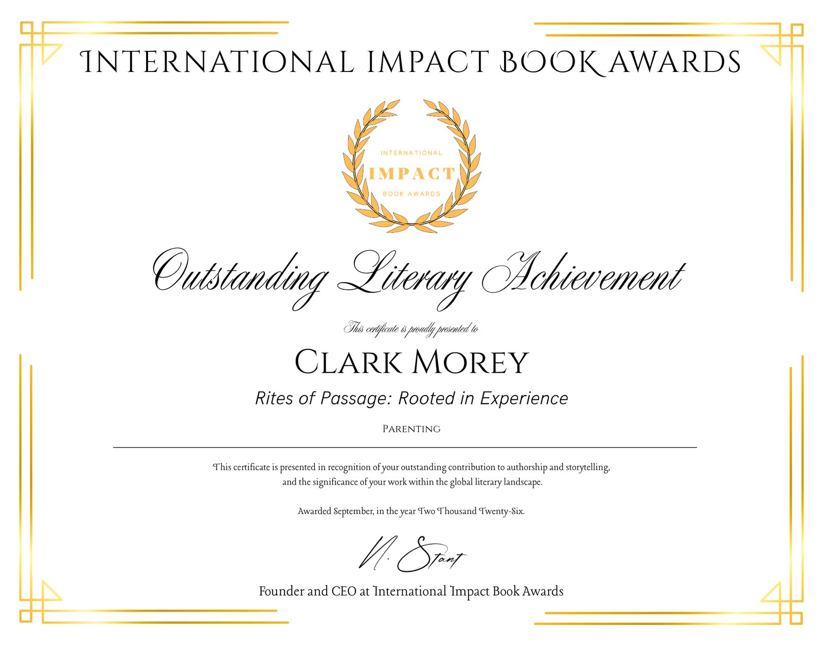 International Impact Book Awards certificate for Outstanding Literary Achievement presented to Clark Morey for Rites of Passage: Rooted in Experience, Parenting category